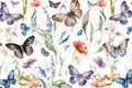Seamless watercolor Floral Pattern with Butterflies. Ultra High Realistic.
