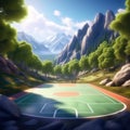 create a serene image of a basketball court on a peaceful mountain plateau surrounded by untouched