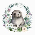 Cute Baby seal Floral, Spring Flowers, illustration ,clipart, isolated on white background Royalty Free Stock Photo
