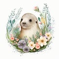 Cute Baby seal Floral, Spring Flowers, illustration ,clipart, isolated on white background Royalty Free Stock Photo