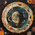 Create a striking composition showcasing how different cultures interpret time using symbols like calendars, celestial bodies,
