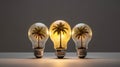 Create a striking visual with an isolated glass electric light bulb containing miniature tropical palm trees, set on a flat black