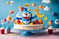 A surreal cinematographic photograph depicting a Doraemon-themed kids\' birthday cake that defies gravity, with vibrant