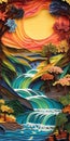 Create A Surreal 3d Paper Quilling Painting Of A Tumultuous Cascading River At Sunset In The Alps