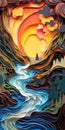 Create A Surreal 3d Paper Quilling Painting Of A Tumultuous Cascading River At Sunset In The Alps