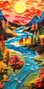 Create A Surreal 3d Paper Quilling Painting Of A Tumultuous Cascading River At Sunset In The Alps