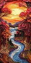 Create A Surreal 3d Paper Quilling Painting Of A Tumultuous Cascading River At Sunset In The Alps