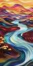 Create A Surreal 3d Paper Quilling Painting Of A Tumultuous Cascading River At Sunset In The Alps