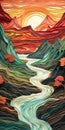 Create A Surreal 3d Paper Quilling Painting Of A Tumultuous Cascading River At Sunset In The Alps