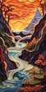 Create A Surreal 3d Paper Quilling Painting Of A Tumultuous Cascading River At Sunset In The Alps