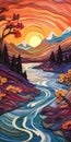 Create A Surreal Paper Quilling Painting Of A Cascading River At Sunset In The Alps