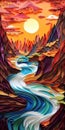 Create A Surreal Paper Quilling Painting Of A Tumultuous River Canyon At Sunset In The Alps