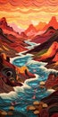 Create A Surreal Paper Quilling Painting Of A Tundra With Cascading River At Sunset