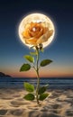 Yellow rose with its diamond petals on the warm night beach illuminated by the splendidly bright full moon. Royalty Free Stock Photo