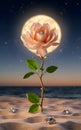 Yellow rose with its diamond petals on the warm night beach illuminated by the splendidly bright full moon. Royalty Free Stock Photo