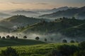 Create a tranquil mountain range with rolling hills, painted in layers of muted green and blue, enveloped by a thin mist Royalty Free Stock Photo