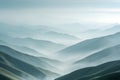 Create a tranquil mountain range with rolling hills, painted in layers of muted green and blue, enveloped by a thin mist Royalty Free Stock Photo