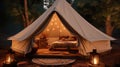 Create a ultra realistic, luxurious, Glamping bell tent getaway. Generative AI