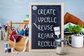 Create upcycle Repair Reuse Recycle sign with tools and fabric