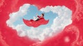 Create a vector graphic of a white and red magic carpet ride through the clouds of love Royalty Free Stock Photo