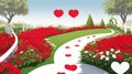 Create a vector graphic of a white and red pathway leading to a heart-shaped garden Royalty Free Stock Photo