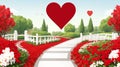 Create a vector graphic of a white and red pathway leading to a heart-shaped garden Royalty Free Stock Photo