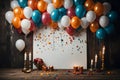 Festive background with colorful balloons, candles and confetti on wooden table with copy space Royalty Free Stock Photo