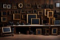 A visual depiction of a professional photographer\'s studio, featuring an assortment of empty photo frames of various siz