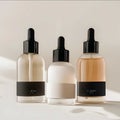 create visual image cosmeceuticals elegant modern clear glass matte bottles texture label in beige and black tones at the bottom