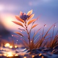 create a visually appealing close up of a tiny plant bathed in the golden light of sunset trending