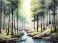 watercolor illustration of peaceful forest river