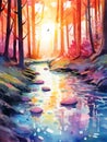 watercolor illustration of peaceful forest river