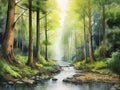 watercolor illustration of peaceful forest river Royalty Free Stock Photo