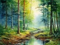 watercolor illustration of peaceful forest river