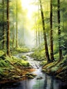 watercolor illustration of peaceful forest river Royalty Free Stock Photo