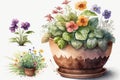 Flower Pot Spring Garden Watercolor Clip. Isolated on White Background.