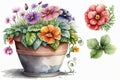 Flower Pot Spring Garden Watercolor Clip. Isolated on White Background.