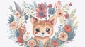 Create a watercolor floral wreath around an adorable cartoon animal design.