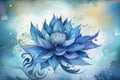 Create a watercolor illustration of a blue flower with a mystical and magical effect