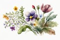 Summertime Cute Garden Spring Flower Watercolor. Watercolor Painting.