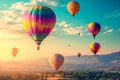 Create a whimsical and enchanting scene of a hot air balloon festival, with colorful balloons floating in the sky and Royalty Free Stock Photo