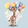 Adorable Watercolor Clip Art Small Baby Giraffe Holding Balloons for a Sweet Baby Shower Celebratio Royalty Free Stock Photo