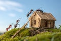 Create a whimsical and humorous image of a group of ants building a miniature house