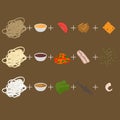 Create wok. Set of korean, thai and chinese food flat design elements. Asian street food menu. Traditional dish noodle and ingredi