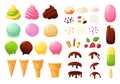 Create your own ice cream. Sundae constructor with different flavours, waffle cone, chocolate topping, sprinkles and Royalty Free Stock Photo