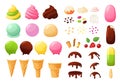 Create your own ice cream. Sundae constructor with different flavours, waffle cone, chocolate topping, sprinkles and berries Royalty Free Stock Photo