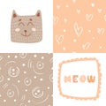 Cute Cat With Lettering Meow For Print And Two Different Abstract Patterns For Cozy Clothes Design