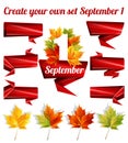 Create your own set of September 1, a autumn leaves, red tape, paper decoration pattern. Vector illustration Royalty Free Stock Photo