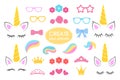 Create your own unicorn - big vector collection. Unicorn constructor. Cute unicorn face. Unicorn details - Horhs, eyelashes, ears, Royalty Free Stock Photo
