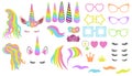 Create your own unicorn - big vector collection. Unicorn constructor. Cute unicorn face. Unicorn details - Horhs, eyelashes, ears Royalty Free Stock Photo